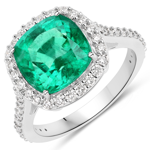 Emerald-4.74 Carat Genuine Zambian Emerald and White Diamond 18K White Gold Ring