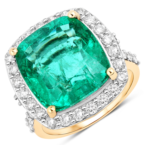 Emerald-12.62 Carat Genuine Zambian Emerald and White Diamond 18K Yellow Gold Ring