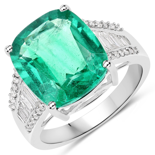 Emerald-6.78 Carat Genuine Zambian Emerald and White Diamond 18K White Gold Ring