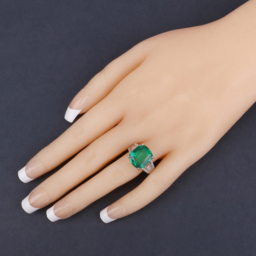 6.78 Carat Genuine Zambian Emerald and White Diamond 18K White Gold Ring