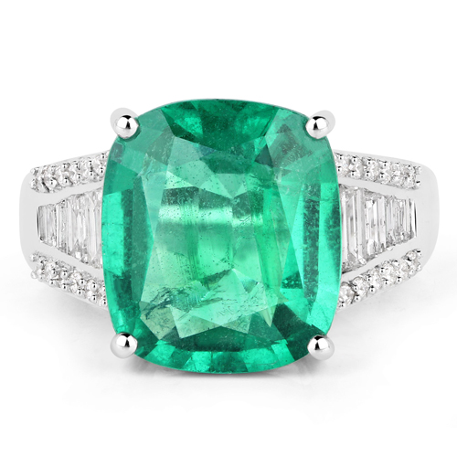 6.78 Carat Genuine Zambian Emerald and White Diamond 18K White Gold Ring