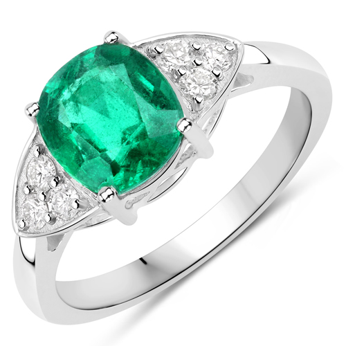 Emerald-2.01 Carat Genuine Zambian Emerald and White Diamond 14K White Gold Ring