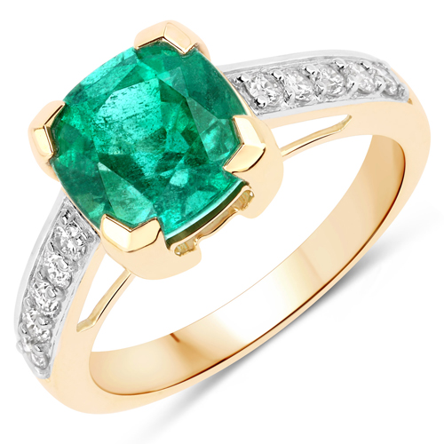 Emerald-3.31 Carat Genuine Zambian Emerald and White Diamond 14K Yellow Gold Ring