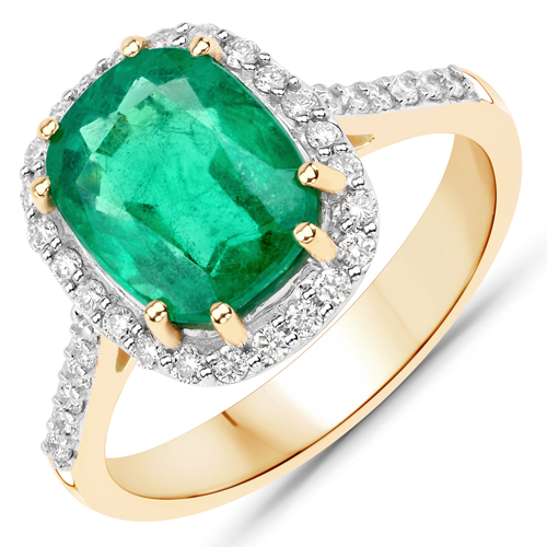 Emerald-3.27 Carat Genuine Zambian Emerald and White Diamond 14K Yellow Gold Ring