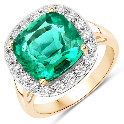 Emerald-5.65 Carat Genuine Zambian Emerald and White Diamond 18K Yellow Gold Ring