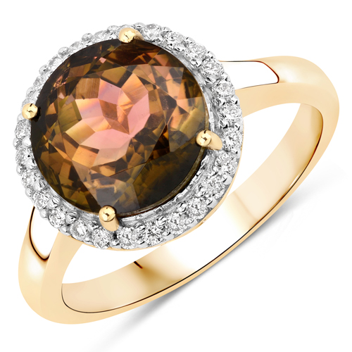 Rings-4.31 Carat Genuine Rarest Brown Brazialian Tourmaline and White Diamond 14K Yellow Gold Ring