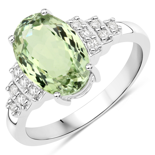 Rings-3.47 Carat Genuine Rarest Light Green Brazilian Tourmaline and White Diamond 14K White Gold Ring