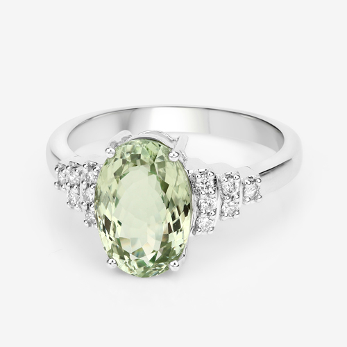 3.47 Carat Genuine Rarest Light Green Brazilian Tourmaline and White Diamond 14K White Gold Ring