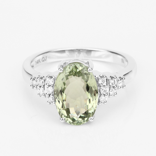 3.47 Carat Genuine Rarest Light Green Brazilian Tourmaline and White Diamond 14K White Gold Ring