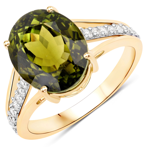 Rings-5.67 Carat Genuine Rarest Olive Green Brazilian Tourmaline and White Diamond 14K Yellow Gold Ring