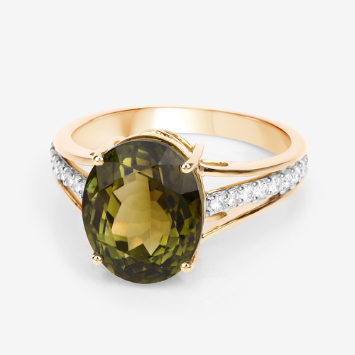 5.67 Carat Genuine Rarest Olive Green Brazilian Tourmaline and White Diamond 14K Yellow Gold Ring
