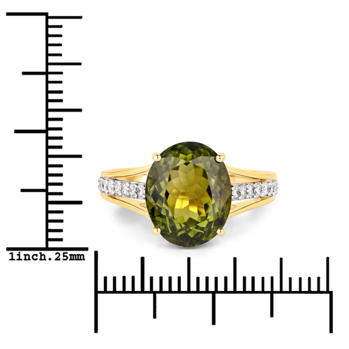 5.67 Carat Genuine Rarest Olive Green Brazilian Tourmaline and White Diamond 14K Yellow Gold Ring