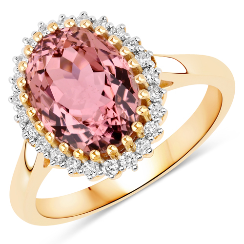 Rings-3.91 Carat Genuine Pink Tourmaline and White Diamond 14K Yellow Gold Ring