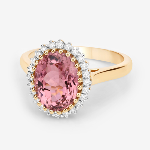 3.91 Carat Genuine Pink Tourmaline and White Diamond 14K Yellow Gold Ring