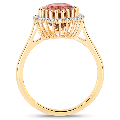 3.91 Carat Genuine Pink Tourmaline and White Diamond 14K Yellow Gold Ring