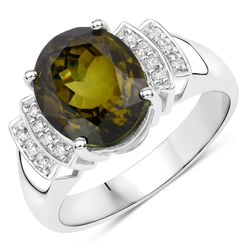 Rings-4.68 Carat Genuine Ratest Olive Green Brazilian Tourmaline and White Diamond 14K White Gold Ring