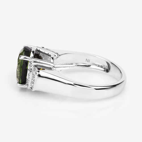 4.68 Carat Genuine Ratest Olive Green Brazilian Tourmaline and White Diamond 14K White Gold Ring