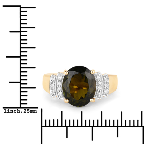 3.62 Carat Genuine Ratest Olive Green Brazilian Tourmaline and White Diamond 14K Yellow Gold Ring