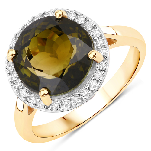Rings-5.46 Carat Genuine Rarest Bio Color Green Tourmaline and White Diamond 14K Yellow Gold Ring