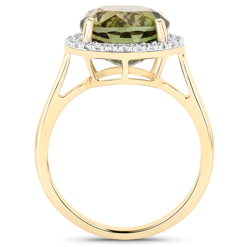 5.46 Carat Genuine Rarest Bio Color Green Tourmaline and White Diamond 14K Yellow Gold Ring