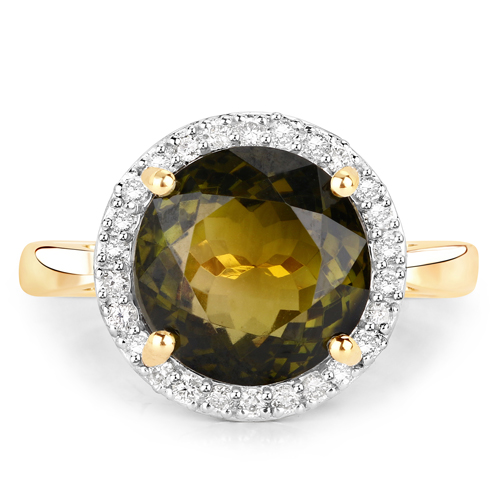 5.46 Carat Genuine Rarest Bio Color Green Tourmaline and White Diamond 14K Yellow Gold Ring