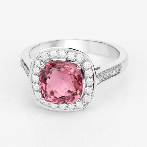 2.71 Carat Genuine Royal Pink Tourmaline and White Diamond 14K White Gold Ring