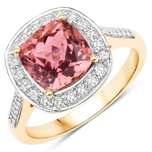 Rings-2.71 Carat Genuine Royal Pink Tourmaline and White Diamond 14K Yellow Gold Ring