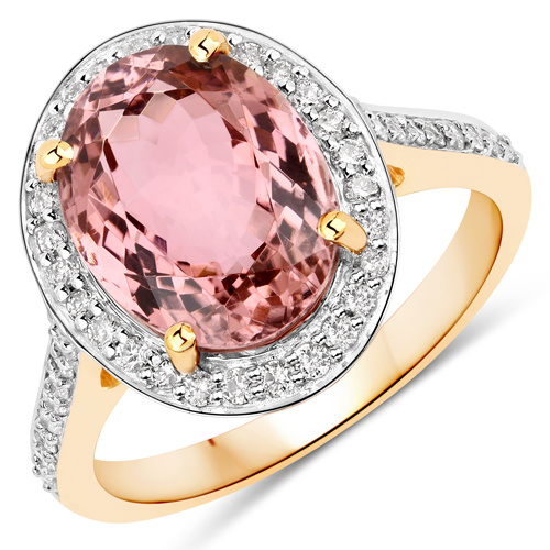 Rings-4.80 Carat Genuine Pink Tourmaline and White Diamond 14K Yellow Gold Ring