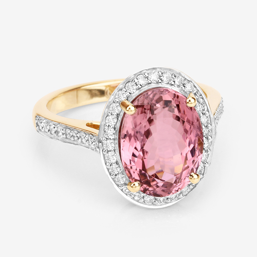 4.80 Carat Genuine Pink Tourmaline and White Diamond 14K Yellow Gold Ring