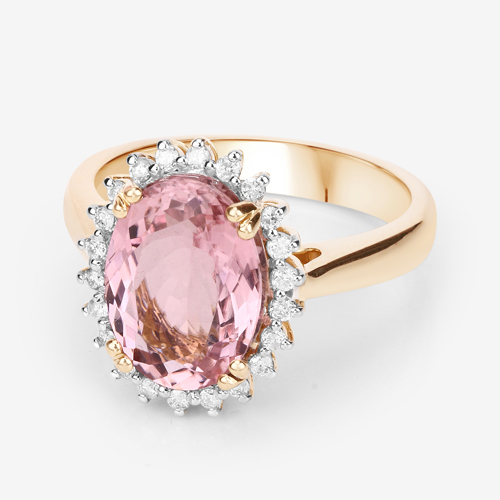 3.41 Carat Genuine Light Pink Tourmaline and White Diamond 14K Yellow Gold Ring