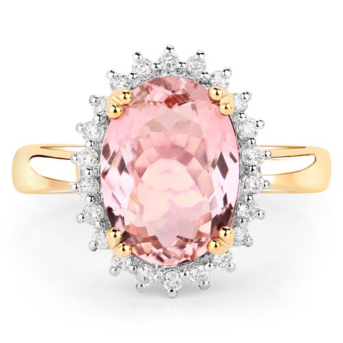 3.41 Carat Genuine Light Pink Tourmaline and White Diamond 14K Yellow Gold Ring