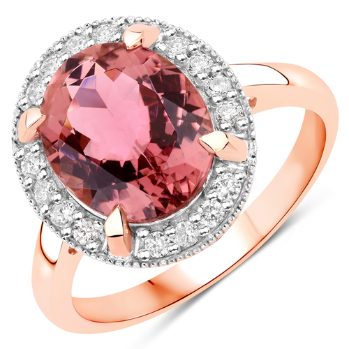 Rings-3.17 Carat Genuine Royal Blue Pink Tourmaline and White Diamond 14K Rose Gold Ring