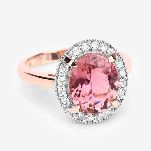 3.17 Carat Genuine Royal Blue Pink Tourmaline and White Diamond 14K Rose Gold Ring