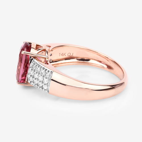 3.09 Carat Genuine Royal Pink Tourmaline and White Diamond 14K Rose Gold Ring