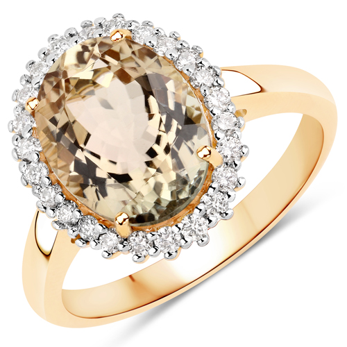 Rings-3.71 Carat Genuine Rarest Light Yellow Brazilian Tourmaline and White Diamond 14K Yellow Gold Ring