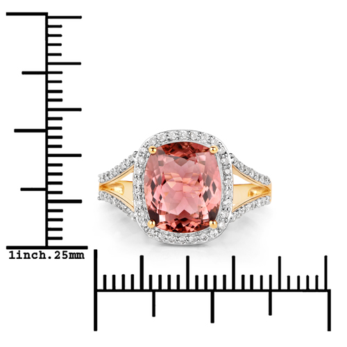 3.58 Carat Genuine Pink Tourmaline and White Diamond 14K Yellow Gold Ring