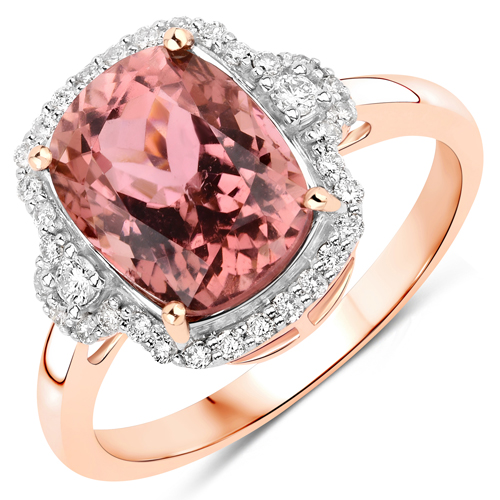 Rings-3.66 Carat Genuine Pink Tourmaline and White Diamond 14K Rose Gold Ring