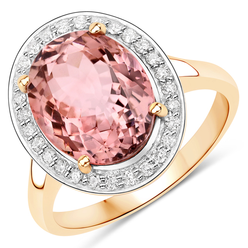 Rings-4.93 Carat Genuine Pink Tourmaline and White Diamond 14K Yellow Gold Ring
