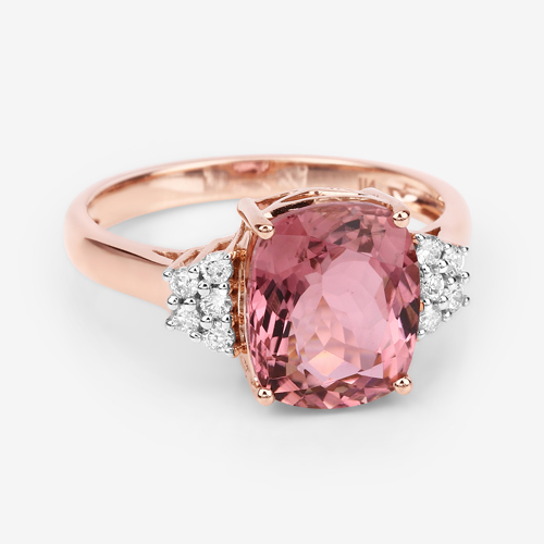 3.36 Carat Genuine Pink Tourmaline and White Diamond 14K Rose Gold Ring