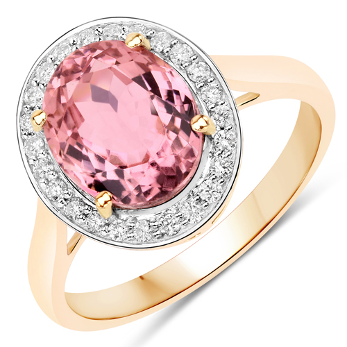 Rings-3.21 Carat Genuine Pink Tourmaline and White Diamond 14K Yellow Gold Ring