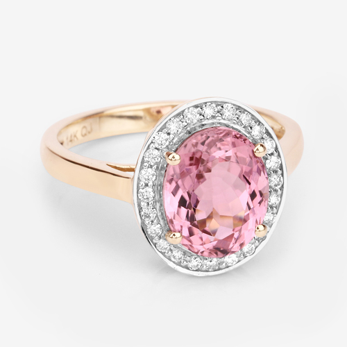 3.21 Carat Genuine Pink Tourmaline and White Diamond 14K Yellow Gold Ring