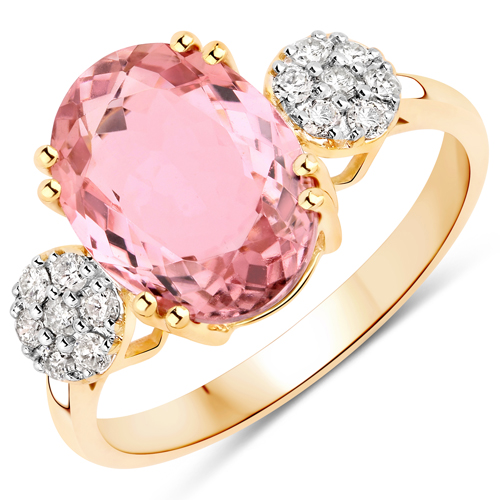 Rings-3.38 Carat Genuine Pink Tourmaline and White Diamond 14K Yellow Gold Ring