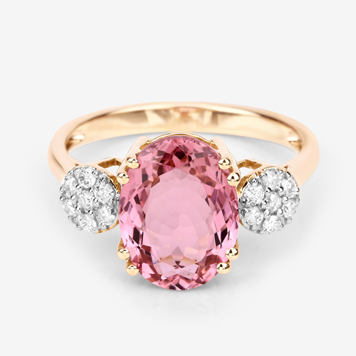 3.38 Carat Genuine Pink Tourmaline and White Diamond 14K Yellow Gold Ring