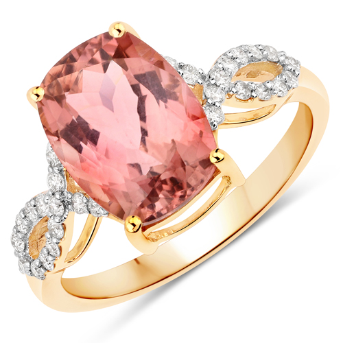 Rings-3.64 Carat Genuine Pink Tourmaline and White Diamond 14K Yellow Gold Ring