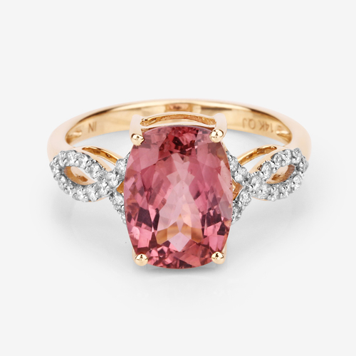 3.64 Carat Genuine Pink Tourmaline and White Diamond 14K Yellow Gold Ring
