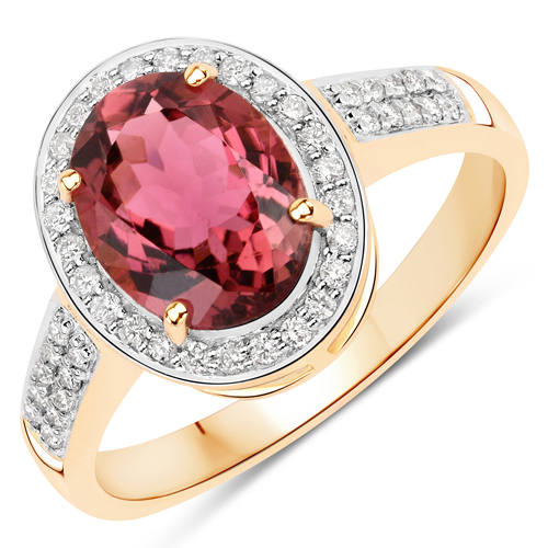 Rings-2.28 Carat Genuine Pink Tourmaline and White Diamond 14K Yellow Gold Ring