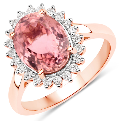 Rings-4.08 Carat Genuine Pink Tourmaline and White Diamond 14K Rose Gold Ring