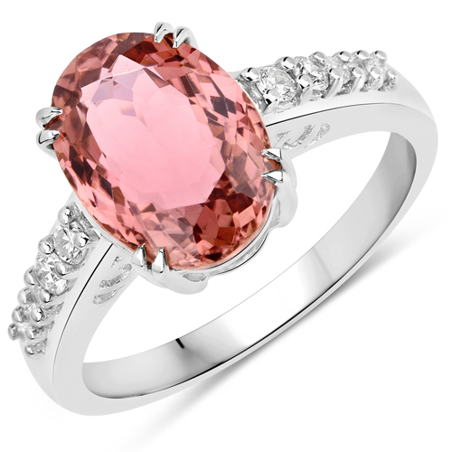 Rings-3.57 Carat Genuine Pink Tourmaline and White Diamond 14K White Gold Ring