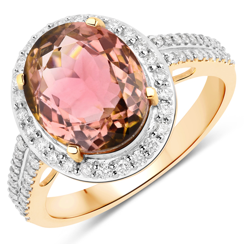 Rings-4.20 Carat Genuine Pink Tourmaline and White Diamond 14K Yellow Gold Ring