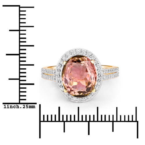4.20 Carat Genuine Pink Tourmaline and White Diamond 14K Yellow Gold Ring